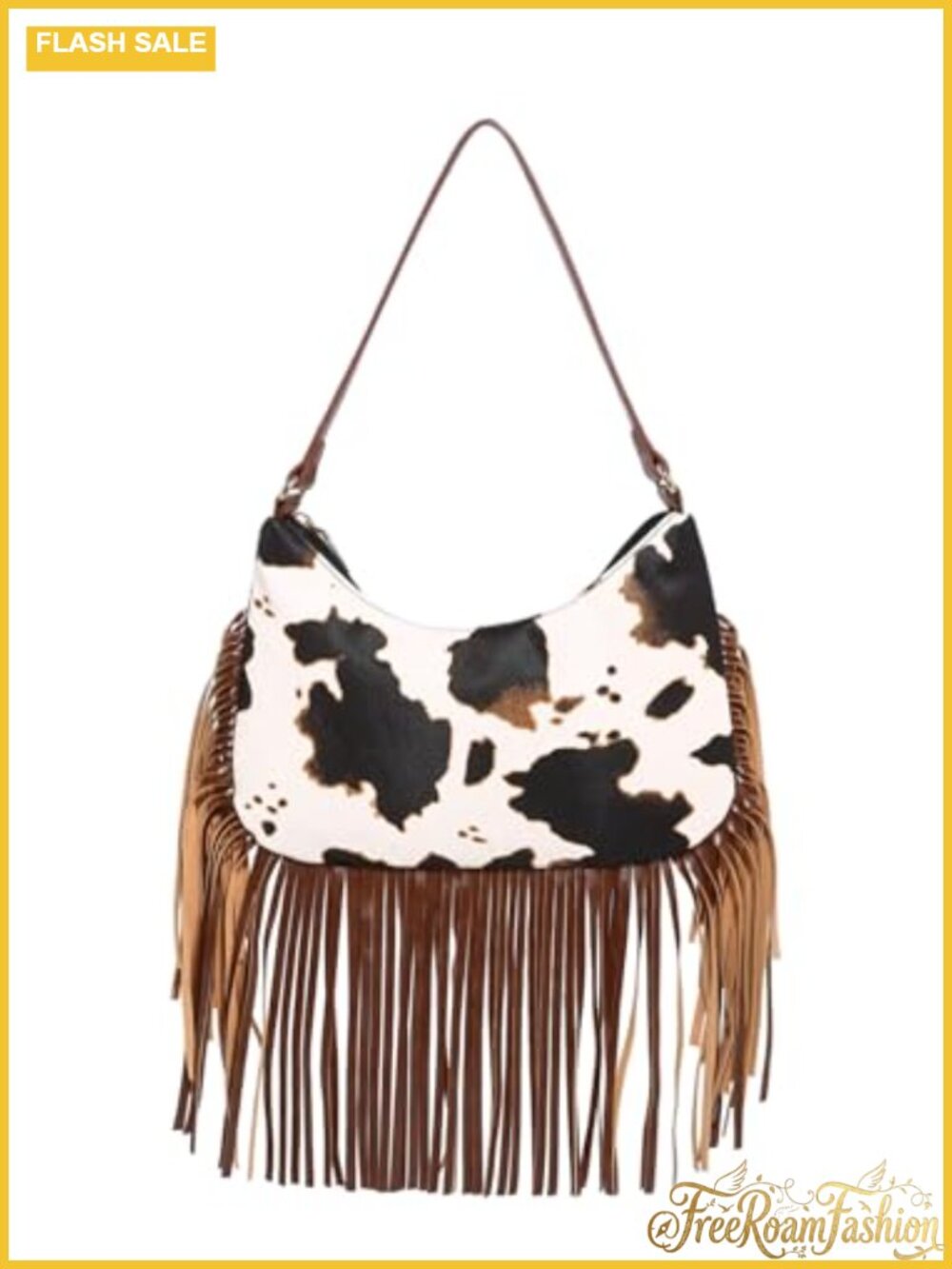 Faux Leather Cow Print Fringe Underarm Handbag Western Shoulder Purse